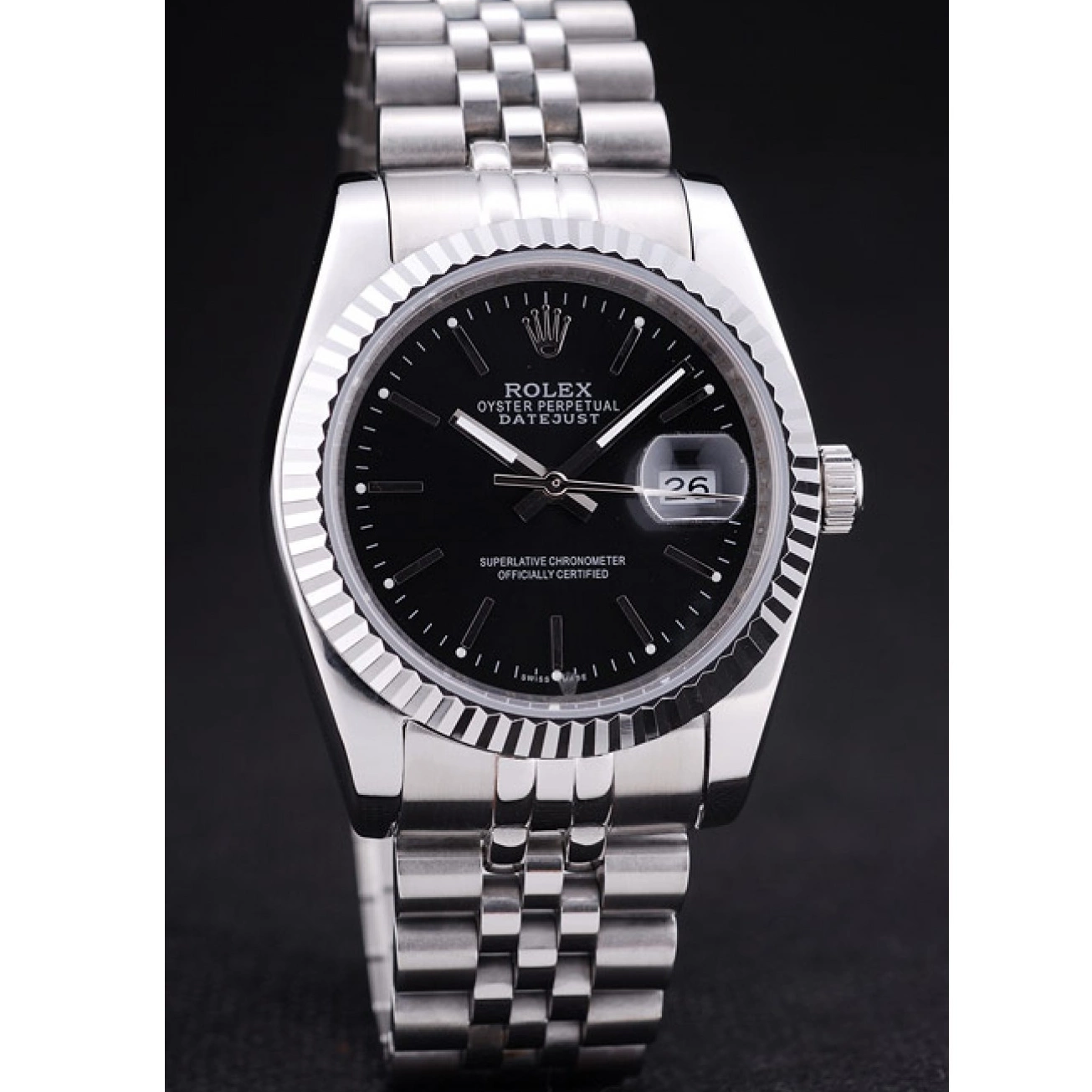 Aaa replica Ribbed Diamonds Datejust Black 7456 Dial Rolex Bezel 0803